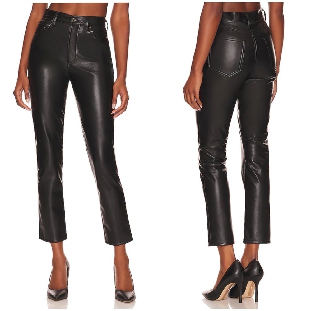 New Agolde Riley Long Pants Recycled Leather in Detox Black High Rise Sz 31